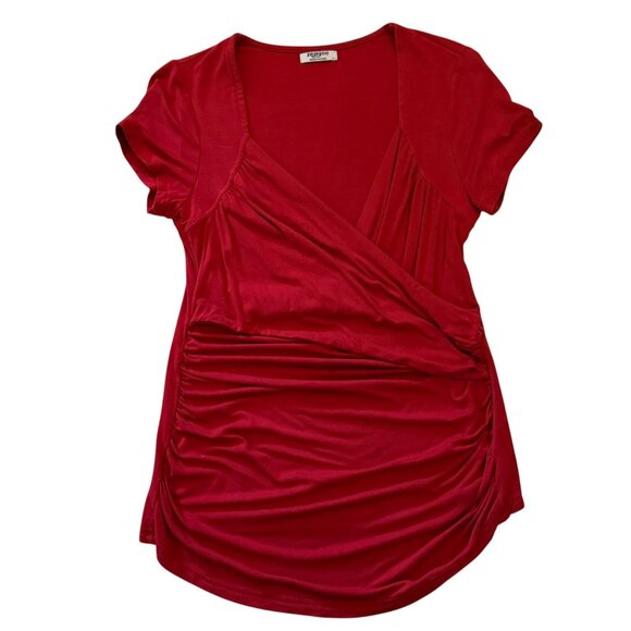 Zeagoo Womens Size Large Top Red Ruched Faux Wrap V-Neck Blouse Bodycon Stretch - Picture 4 of 7